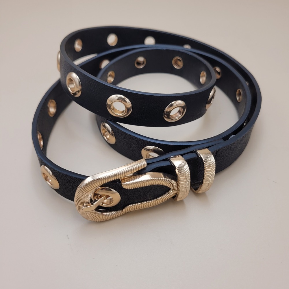 Black Faux Leather Grommet Belt Gold Tone Buckle XL 48 Inch Length Edgy Grunge